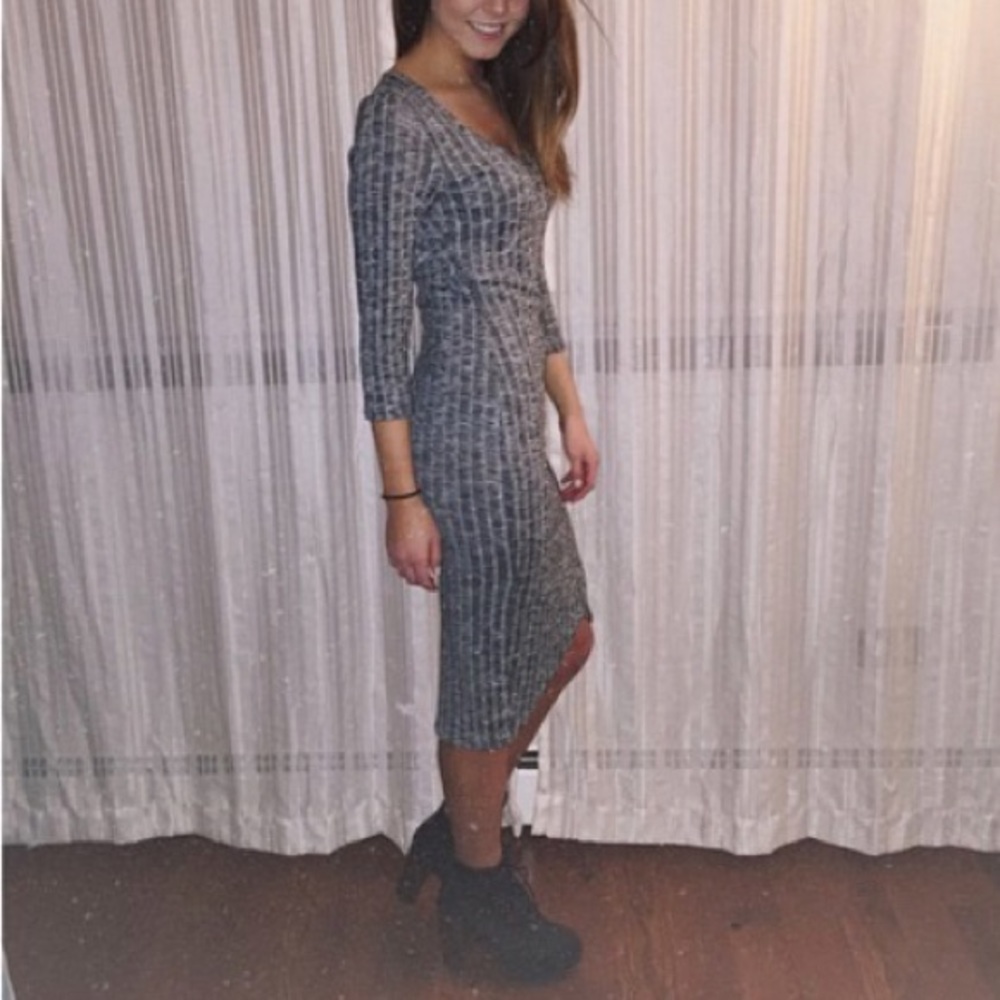 V Neck Ankle Length Sweater Dress Wrap - Grey